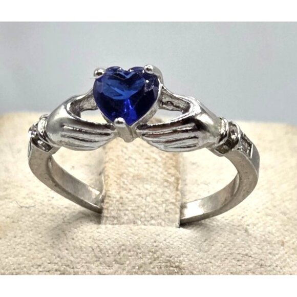 Silver Tone Claddagh Ring With Blue Heart-Shaped Stone & CZ Accents Size 8.5 - Picture 4 of 5